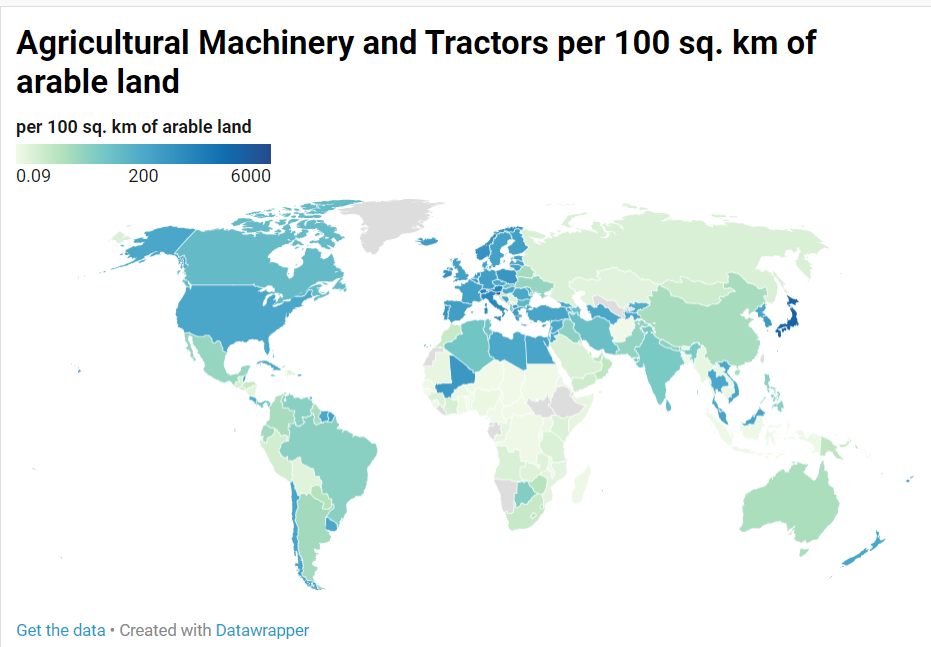 map of agricultural machinery and tractors per 100 sq. km of arable land
